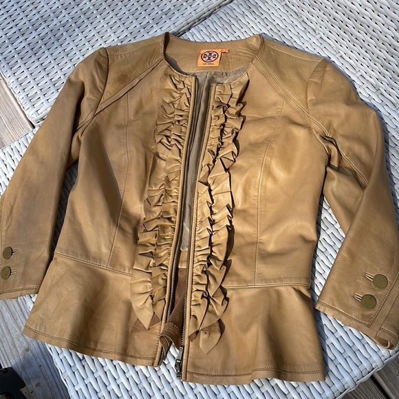 TORY BURCH Peplum Camel Leather Jacket Size 2 - Picture 9 of 14